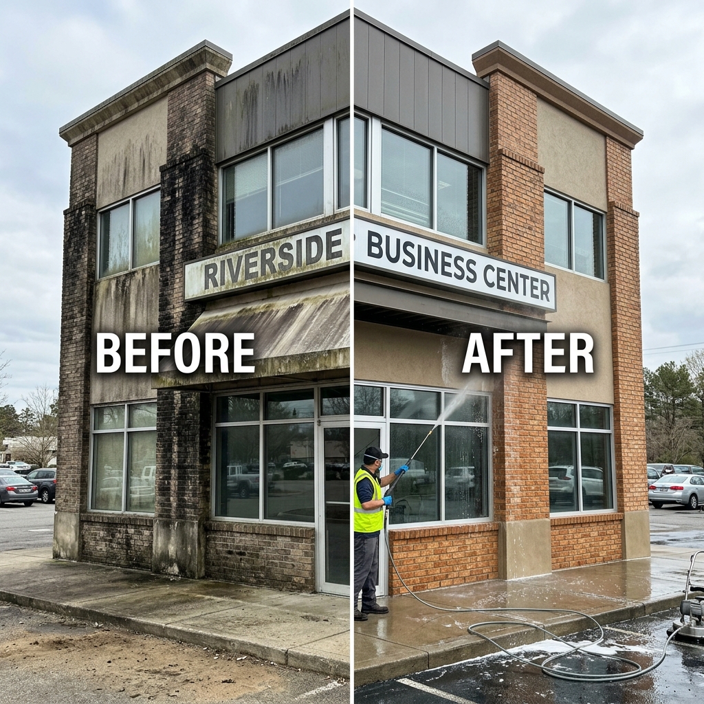 Commercial Building Soft Washing Before and After