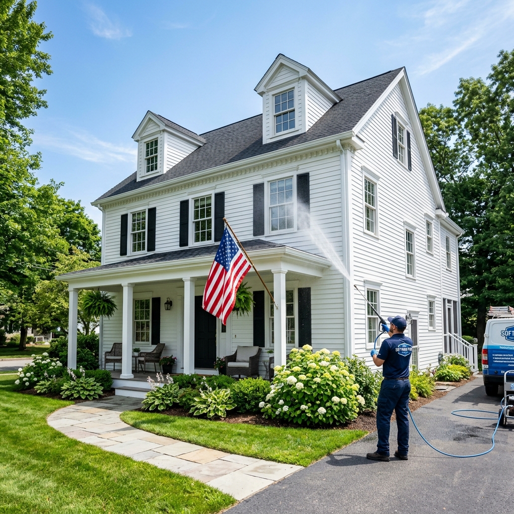 Premium White Colonial House Soft Washing