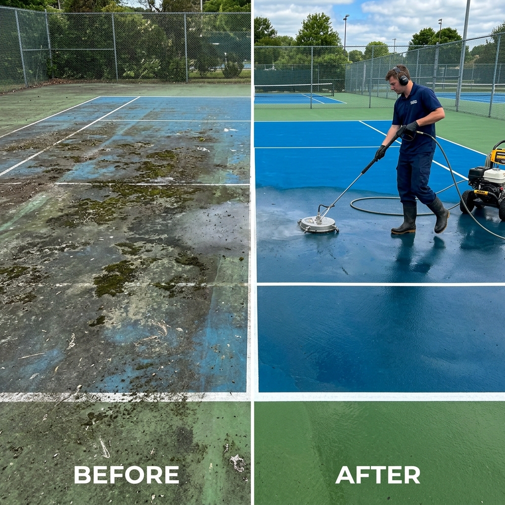 Tennis Court Cleaning Before and After