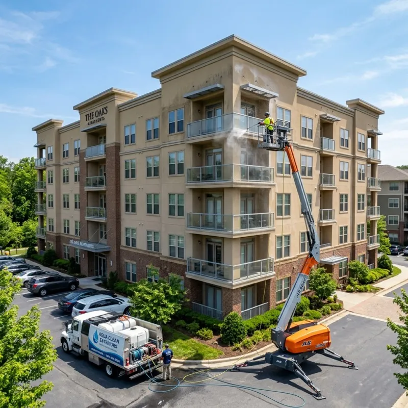 Multi-story commercial apartment complex soft washing on Long Island