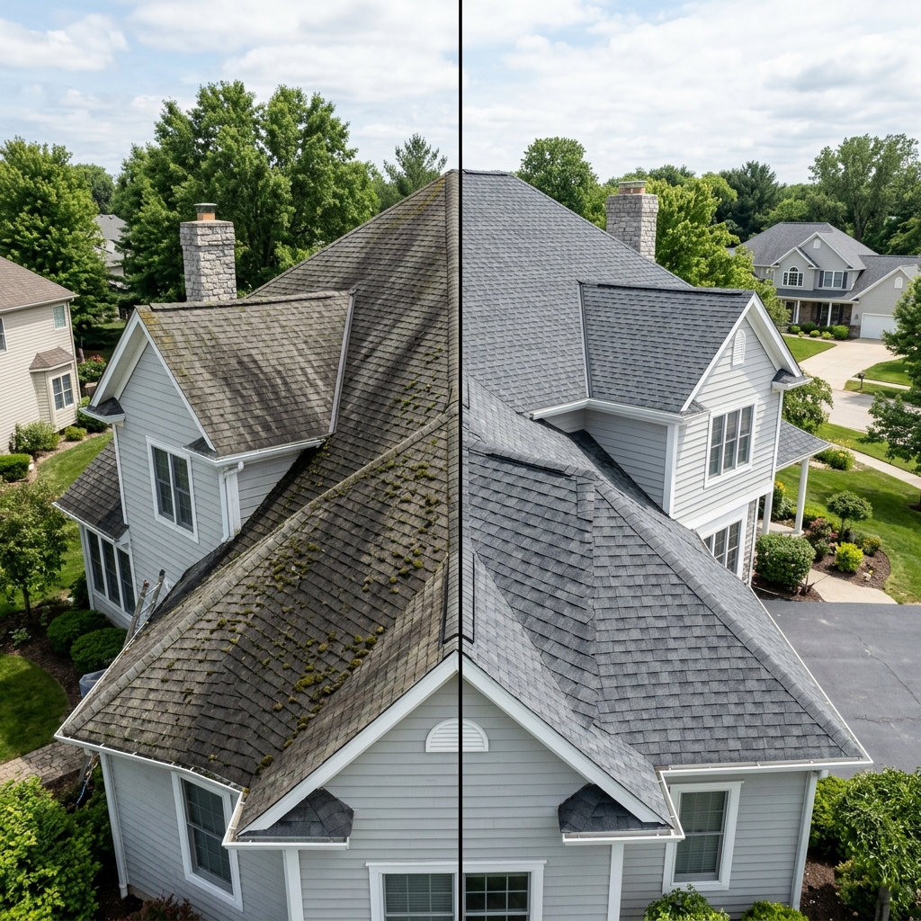 Roof Soft Washing Drone Before and After