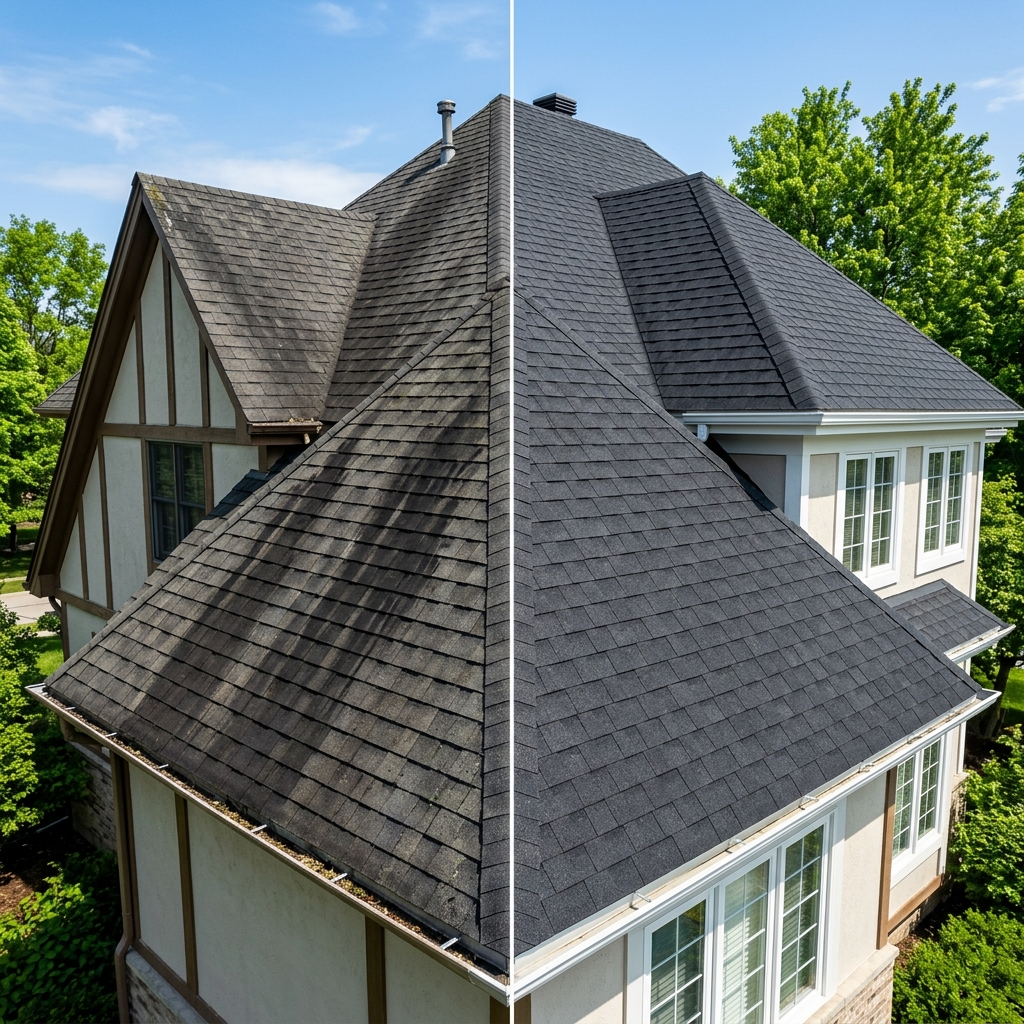 Roof Soft Washing Before and After Close Up